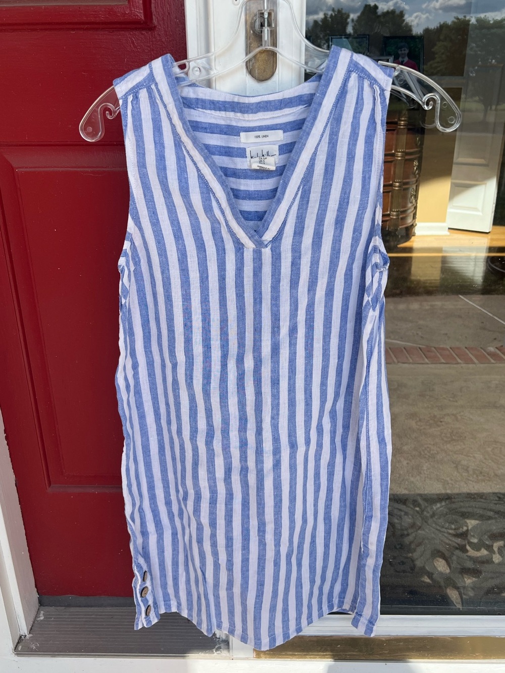 Nicole Miller Blue and White Striped Linen V-Neck Mini Dress - Picture 2 of 7